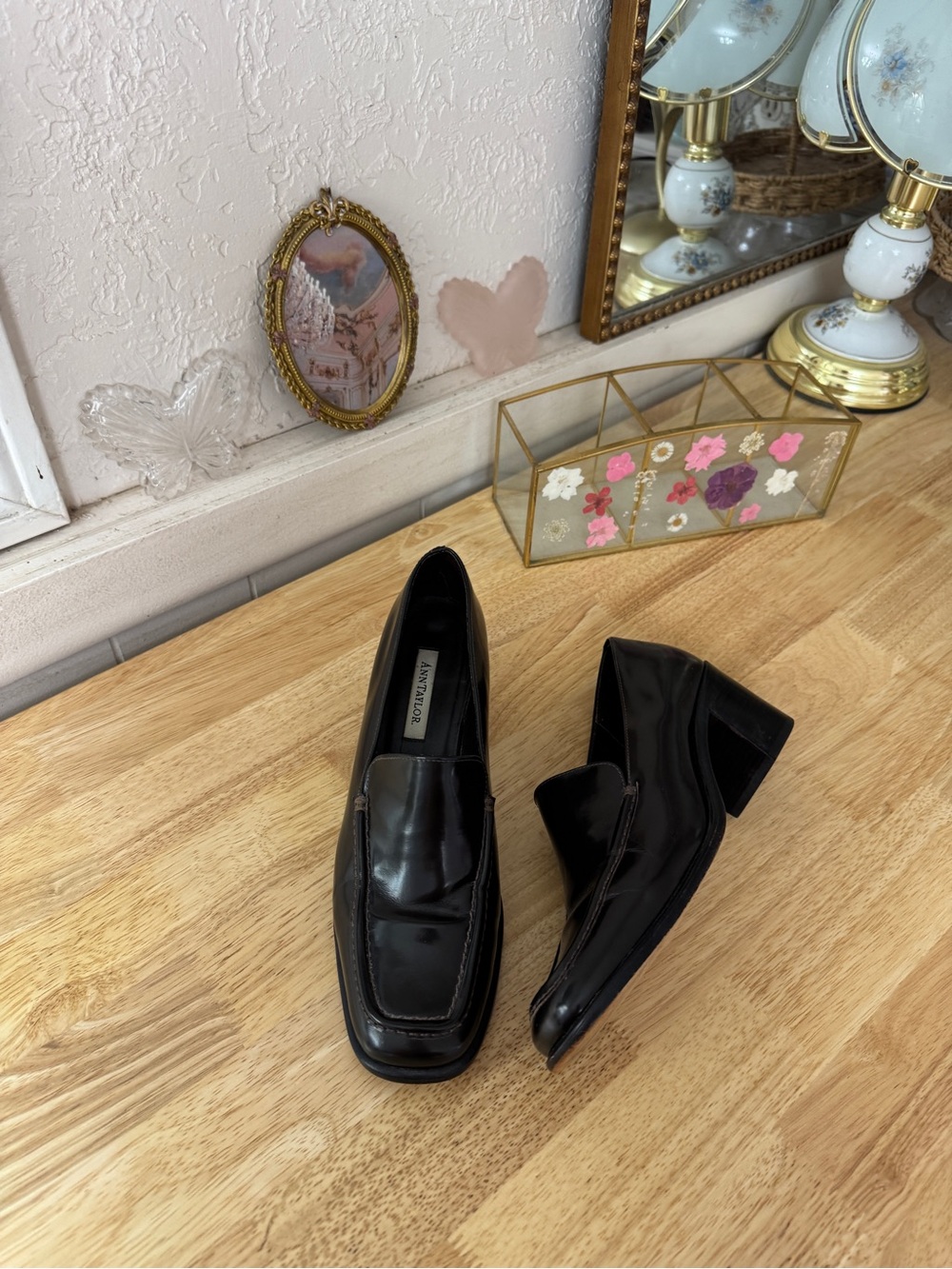 Vintage Ann Taylor Brown Leather Square Toe Loafer Pumps Block Heel 90’s Classic